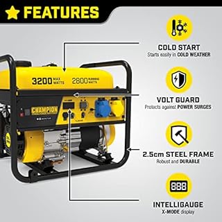 Champion Power Equipment 500560 3200 Watt Portable Frame Petrol Generator – 224cc Engine, 12 hour run time, digital display intelliguage for easy maintenance, AVR Technology for power surge protection