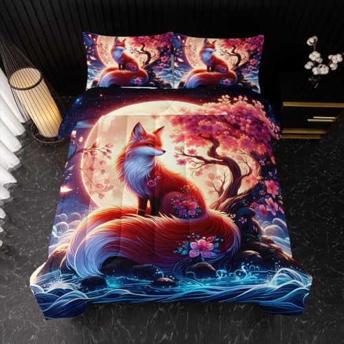Nttopship Fox Comforter Bedding Set with 2 Pillowcase Twin Size Cartoon Fox Sakura Comforter Set for Kids Boys Girls Bedroom Decor