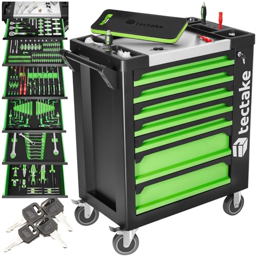 TecTake® Carrito Auxiliar con Ruedas, Carro de Herramientas Taller Completo 7 Cajones, Bloqueo Central, Armario Metalico, Organizador, Estanterias Almacenaje - Verde
