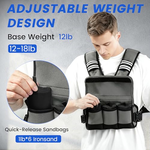 Image of Adjustable Weighted Vest Women /Men, 6-12lb /12-18lb /20-32lb Weight Vest with 6 Ironsand Weights for Strength Training Rucking Running Walking Fitness Workout