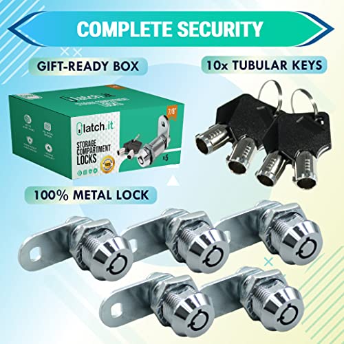 Latch.it 7/8” Rv Storage Locks | 5-Pack Rv Compartment Locks | Utility Cam Lock | 100% Metal Rv Locks For Storage Door On Camper Or Trailer With 10 Keys By Rv Lock Experts! #TOP3
