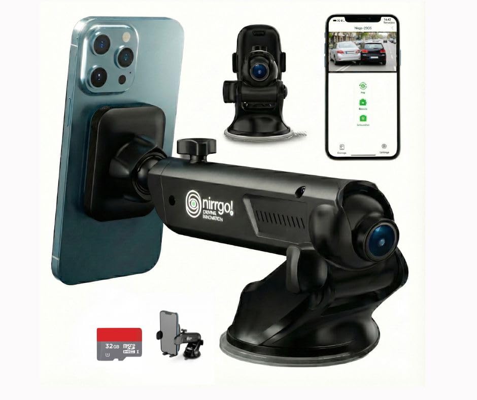NIRRGO 2-in-1 Car Phone Holder Mount & Dash Cam Smart | 1080p Loop Recording Car Camera | Accident Evidence & Navigation | Essential & Road Trips & Night Vision (32GB Card Included)