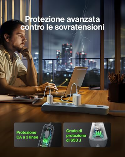 Belkin Ciabatta multipresa con 6 prese, protezione dalle sovratensioni con 6 prese CA protette, 650 joule, cavo di prolunga di 2 metri, presa multipla per casa, ufficio, laptop, computer e altro - 3