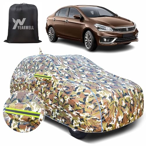 Image of Car Body Cover for Maruti Ciaz, 100% Waterproof with Mirror & Antenna Pockets, Military Print Design, UV & Dust Protection, Triple Stitched, Sky Piping & Reflector (Jungle Print)