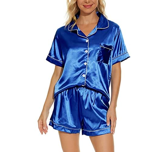 VENTELAN Women's Pajama Set Plus Size Super-Soft Short Sleeve Top With Shorts Two-piece Pjs Set Medium Solid Blue