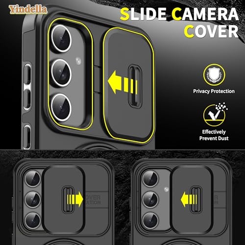 Image of Yindella Phone Case Compatible for Samsung A55, Shockproof Protective Cover with Slide Camera Protector, 360 Ring Kickstand, Magnetic Car Mount Support - Black