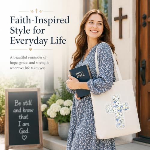 Image of Christian Tote Bag Gift for Women, Canvas Bible Bag Handmade Floral Cross