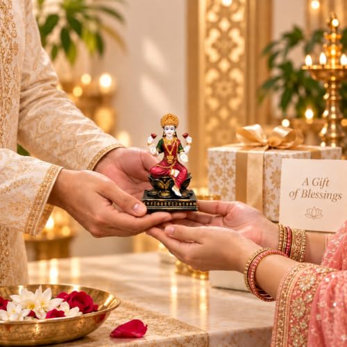 Image of ARMONIA Laxmi Mata Idol with Lotus Throne & Golden Crown | Mahalakshmi Devi Murti for Home Mandir, Pooja Room, Living Room & Office | Lakshmi Statue for Varalakshmi, Diwali & Housewarming Gift | 13 cm