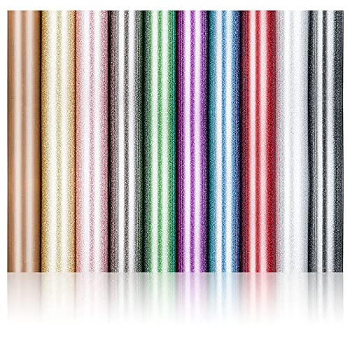 Glitter Heat Transfer Vinyl Sheets 10 Sheets 9 Assorted Colors Heat Press Iron on Vinyl for Cricut and Silhouette Cameo with 1pc Teflon (12 x 10 )