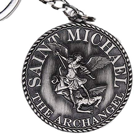 38mm Dia St Michael Prayer Coin Keychain - Silver Antique
