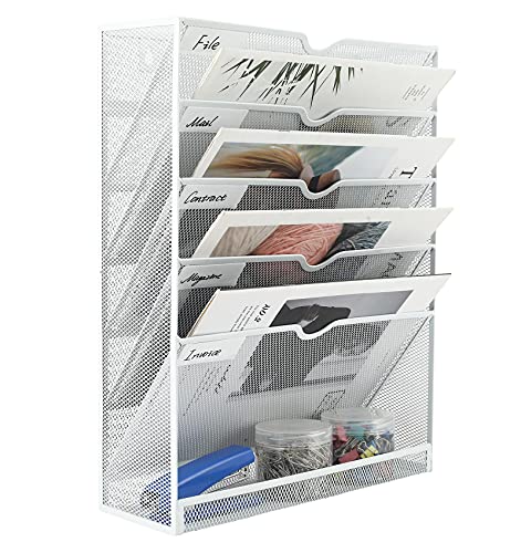 TQVAI 6 Ebenen Hänge-Aktenhalter Mesh A4 Dokument Organizer in Ablage Desktop Literatur Zeitschriftensammler Ordner weiß Cover
