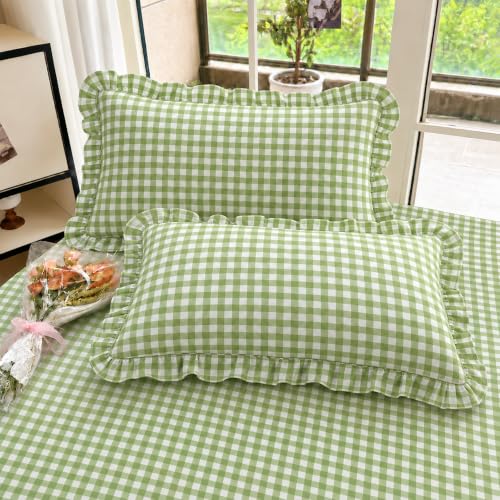 Image of VOMZER Queen Size (60x78) 300 TC Soft Cotton Feel Microfiber All Around Elastic Fitted Double Bedsheet with 2 Frill Pillow Covers | Green Check