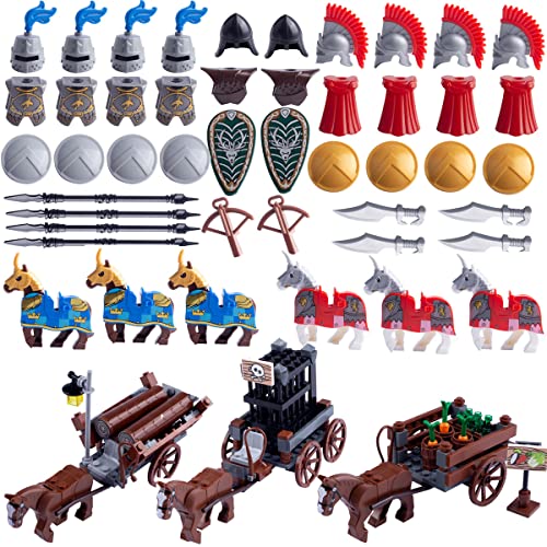 HGKJ Medieval Minifigures Weapon Pack Accessories Kit Including Armor Helmet Shield Horses and Designed for Minifigures-Compatible with Minifigures of All Major Brands (Medieval accessories-03)