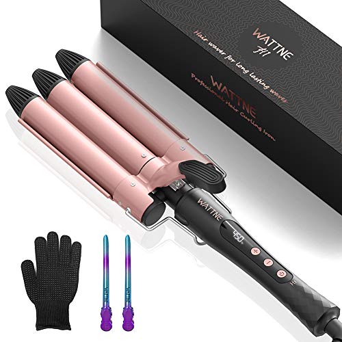 3 Barrel Curling Iron Wand, Professional Triple Tourmaline Ceramic Fast Heating 25mm Hair Curler, Adjustable Temperature with LCD Display Hot Waver, Dual Voltage Crimper ( Wattne H1, Pink )