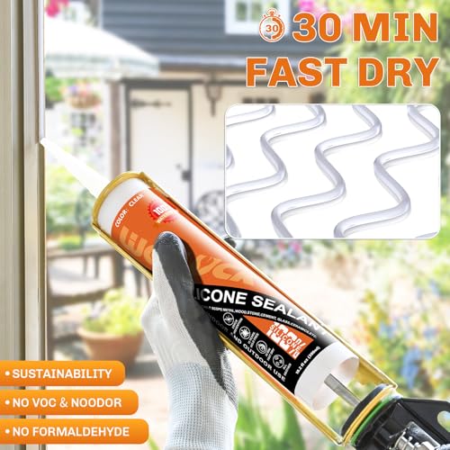 Image of WELLUCK Clear Silicone Caulk, 100% Waterproof Silicone Sealant Adhesive Caulking,for RV, Kitchen,Bathroom, Window, Door, Glass,10.2FL.OZ /300ML (12 Pack)