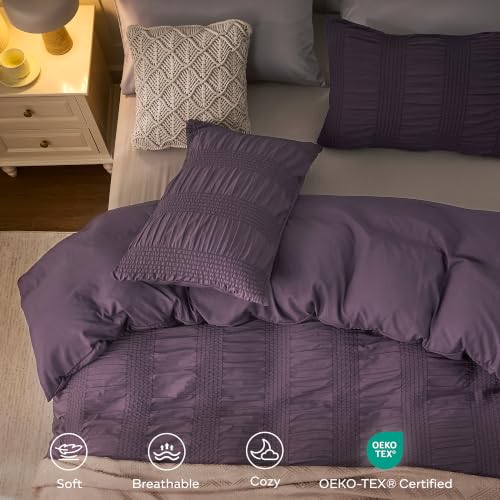 Image of JELLYMONI Seersucker Duvet Cover Set Full, 3pcs Purple-Wide Polyester | In Guest Room & Studio, Single Upgrades Pick, Crinkled Texture, Oeko-Tex Certified, 8 Corner Ties & Hidden Zipper