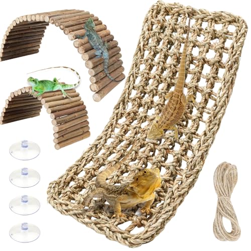 QUOZUO Bearded Dragon Tank Accessories 3pack Reptile Habitat Hammock Natural Seagrass and Natural Wood Bendable Bridge for Climbing Hermit Crab Lizard Mice Spiders Turtle Snake