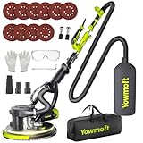 Yowmoft Drywall Sander with Vacuum Dust Collector, 880W Popcorn Ceiling Removal Tool with 5 Variable Speed & LED Light, 1000-2100 RPM Electric Sander for Drywall with 9 Sanding Discs & Attachments