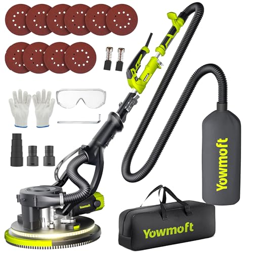 Yowmoft Drywall Sander with Vacuum Dust Collector, 880W Popcorn Ceiling Removal Tool with 5 Variable Speed & LED Light, 1000-2100 RPM Electric Sander for Drywall with 9 Sanding Discs & Attachments