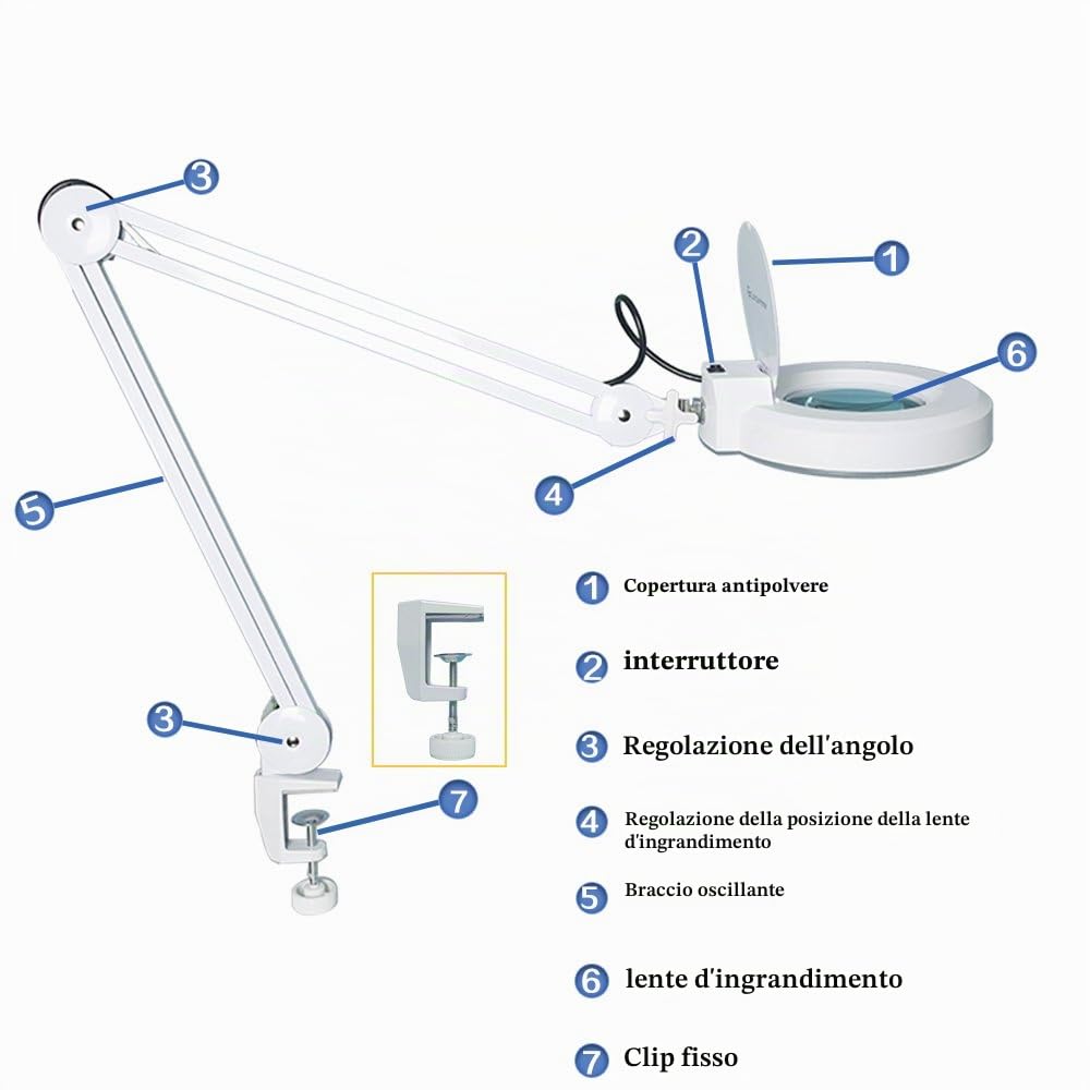 5 DIOTTRIE LED LAMPADA D'INGRANDIMENTO CON LUCE FREDDA BIANCA E MORSETTO PER ESTETISTA ESTETICA LABORATORIO E LAVORI DI