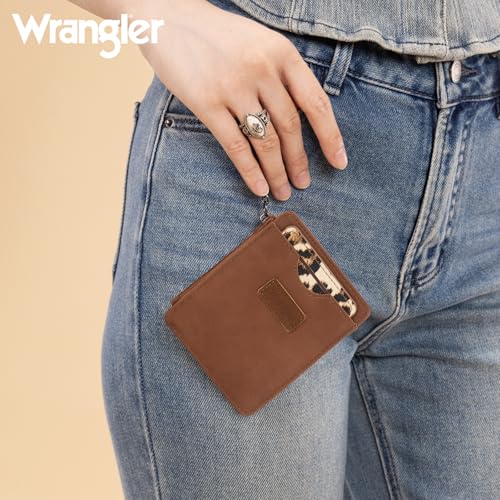 Image of Montana West X Wrangler Small Womens Wallet Slim Credit Card Holder Minimalist Brown Keychain Wallet with ID Window and Detachable Leopard Print Card Organizers