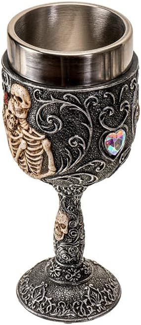Pacific Giftware Skeleton Couple Wine Goblet Gothic 8 Floz Chalice Cup with Romantic Skeletal Embrace Design Resin and Stainless Steel Wine Glass for Halloween Decor and Bar Display