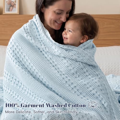 Image of PHF 100% Cotton Waffle Blanket King Size for Bed, Lightweight Breathable and Soft for Summer, Luxury Aesthetic Waffle Weave Blanket for Home Decor & Gifts for Women, 108 inchx90 inch, Sky Blue