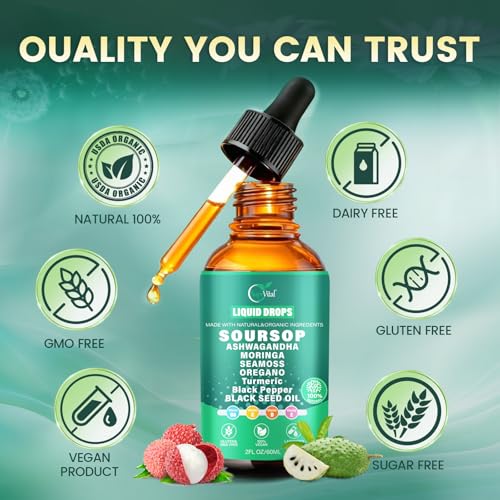 Image of VivoNu 10-in-1 Soursop Bitters Liquid Drops 3000mg, Soursop Drops with Ashwagandha* Black Seed Oil, Moringa, See Moss and Vitamins (2 Fl Oz (Bottle of 1))