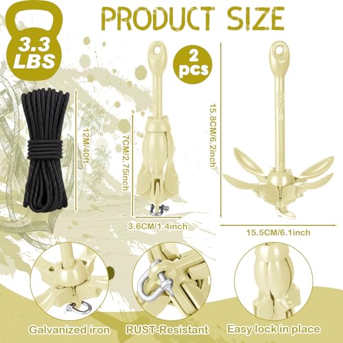 Image of Lounsweer 2 Pack 1.5 /3.5 lb Marine Kayak Anchor Kit Folding Grapnel Anchor Kit Boat Kayak Fishing Accessories for Small Boats Kayaks Canoe Paddle Boards