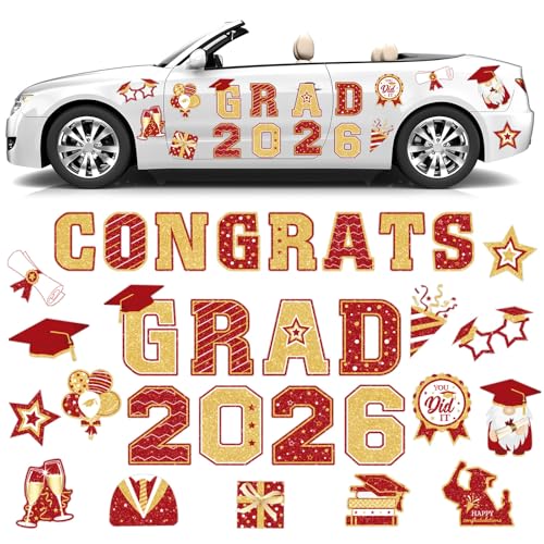 Landhoow 30 Pcs Graduation Car Magnets 2026 Senior Graduation Car Decoration Bumper Sticker Congrats Grad Magnet Magnetic Refrigerator Decal for Grad Parade Party Supplies (Red Gold)