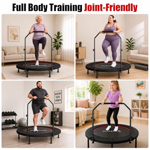 Image of SkyBound Rebounder Trampoline for Adults - Indoor Mini Trampoline with Bar, Fitness Rebounder with 3 Adjustable Foam Handles, Exercise Trampoline for Adults Indoor /Garden Workout