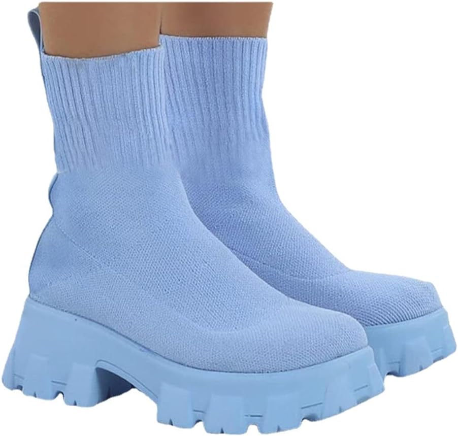 AINIJIA&HOLO Women's Round Toe Knited Stretch Socks Ankle Boots, Thick Sole Casual Warm Boots Chelsea Ankle Boots