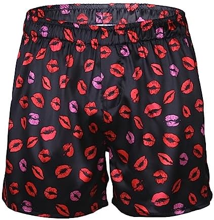 ACSUSS Men's Frilly Satin Boxers Shorts Silk Summer Bottom Lounge Underwear for Valentines Day Lip Print Black Large