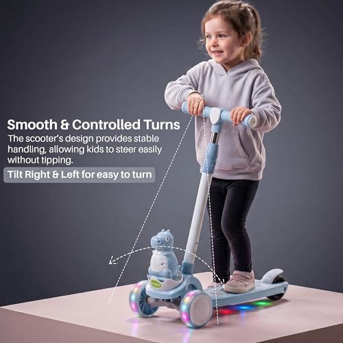 Image of Baybee Dino Blaze Kick Scooter for Kids | 3 Wheel Skate Scooter with RGB LED Wheels & Music | 3 Height Adjustable T-Bar Handle & Rear Brake | Foldable Skate Scooter for Kids 3 to 8 Years (Dark Blue)
