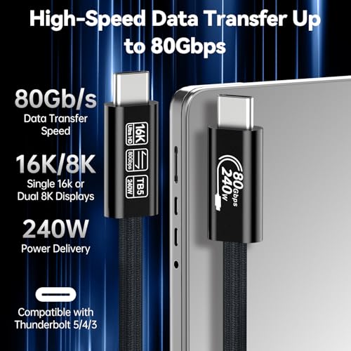 Image of [80Gbps Data Sync] Compatible with Thunderbolt 5 Cable 3.3FT /1M Support 240W Charging and 16K / Dual 8K displays for MacBook, Mac mini, Thunderbolt 4 /3 Monitor