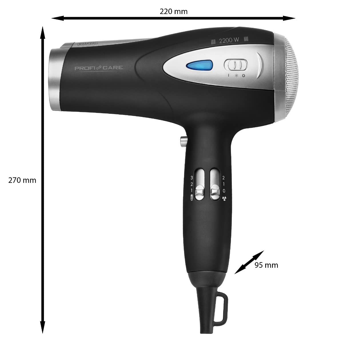 ProfiCare® Suszarka do włosów z funkcją jonizacji 2200 W | bardzo lekka suszarka podróżna 3 poziomy mocy i 2 stopnie nawiewu | suszarka do włosów w zestawie Cool-Shot | suszarka z dyfuzorem i dyszą