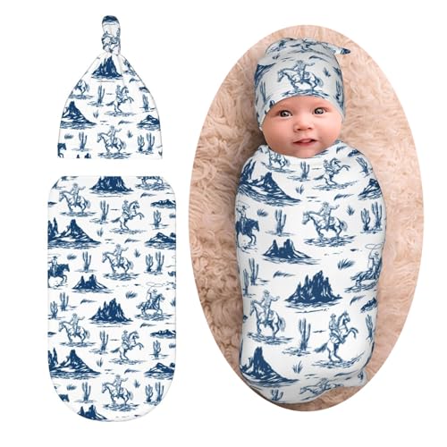 Image of Western Cowboy Cactus Baby Stuff Newborn Baby Swaddle Blanket Wrap Blanket Soft with Beanie Hat Sets Gifts for Infant Boys Girls
