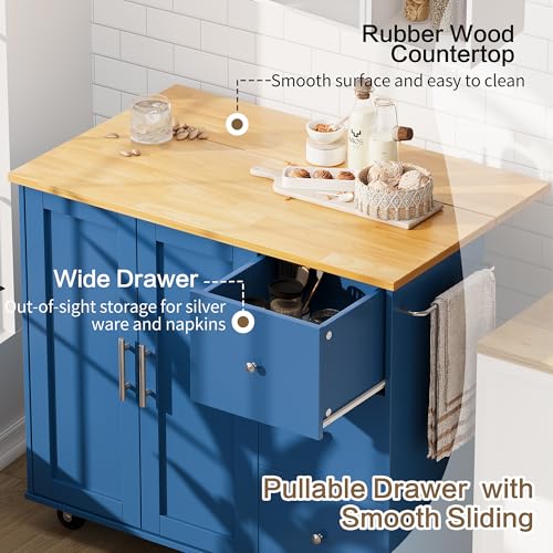 Image of SUNLEI Kitchen Island on Wheels with Storage Cabinet & Foldable Drop Leaf, Rolling Kitchen Table, Cart Handle for Towel Rack, Drop Leaf, Portable Islands for Kitchen (Classic Blue, 39.7-INCH)