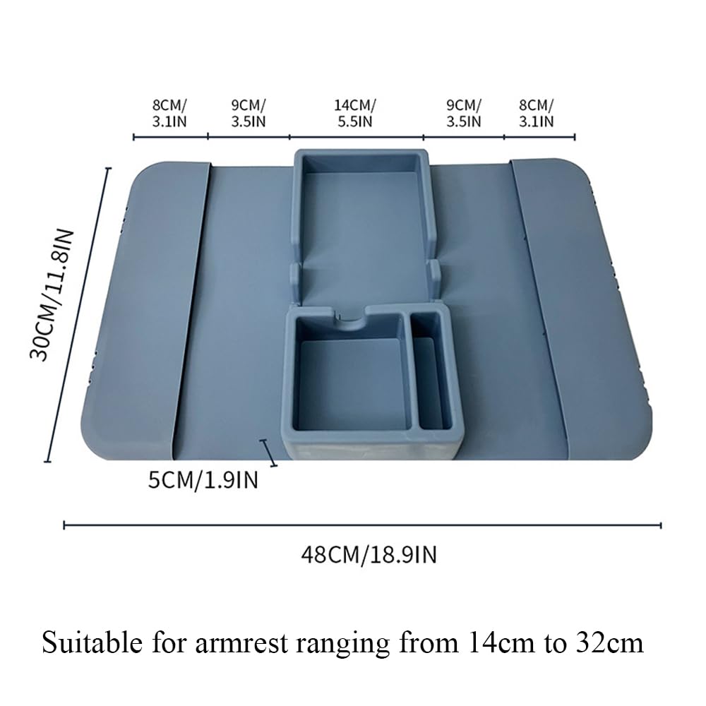 Bandeja de silicona para reposabrazos, soporte para bebidas con bolsillos laterales para sofá, sillón, sillón reclinable, control remoto y organizador de teléfono celular (azul)