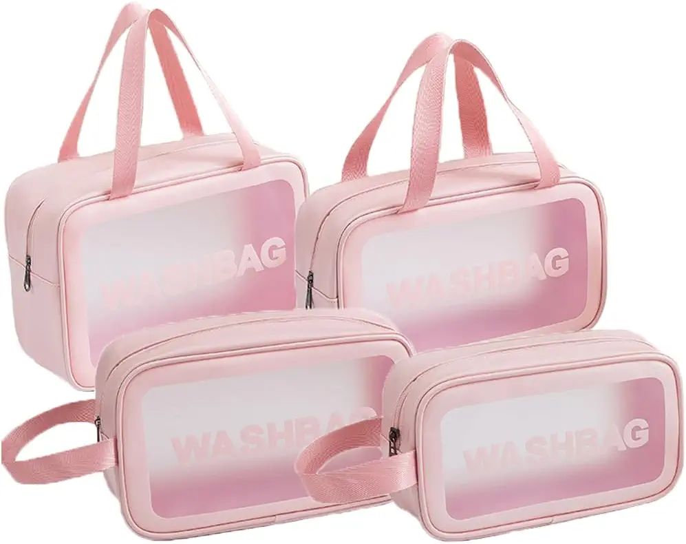 Kaxich 4pcs Clear Toiletry Bag, Waterproof Clear Cosmetic Makeup Bag, Travel Wash Bag for Men,Women and Girls Travel Business Vacation Bathroom Organizer (Pink)