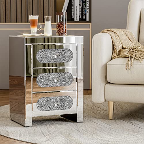 Ikifly Mirrored Nightstands End Table With Wireless Charging And Color-Changeable Led Lights, Sliver Modern Side Table With Usb Ports And 3 Crystal Drawers Storage Cabinet For Living Room Bedroom #TOP6