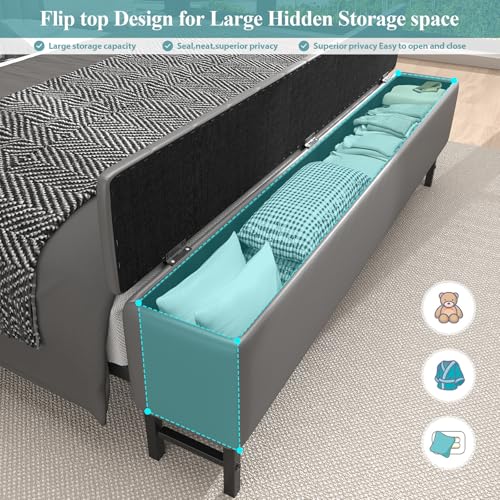 Image of King Size Platform Bed Frame with Storage Headboard, Star Projector, Grey | Charging Station, Heavy-Duty Metal Slats, PU Leather Upholstered Platform, Storage Ottoman, Noise-Free, No Box Spring Needed