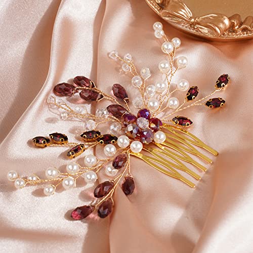 Peine para cabello con cristales y perlas color vino tinto miniatura 3