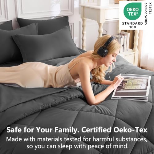 Image of CozyLux Super King Plus Comforter Set Dark Grey, 7 Pieces Bed in a Bag Comforter Set with Sheets, All Season Bedding Set with Down Alternative Comforter, Sheets, Pillowcases & Shams