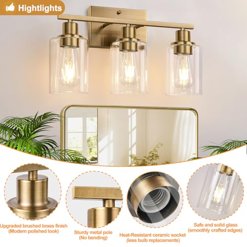 Image of Indoi 3-Light Bathroom Light Fixtures, Brass Modern Vanity Lights with Clear Glass Shades, Bathroom Wall Lamp for Mirror Living Room Cabinet Bedroom Porch