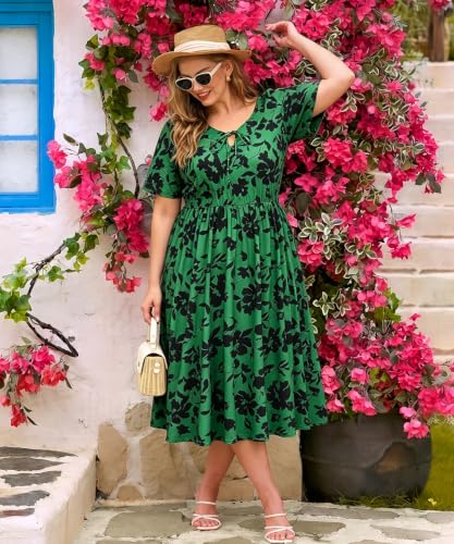 Image of RITERA Plus Size Dresses for Curvy Women Short Sleeve V-Neck Summer Dress Floral /Solid Midi Sundress with Pockets XL-5XL