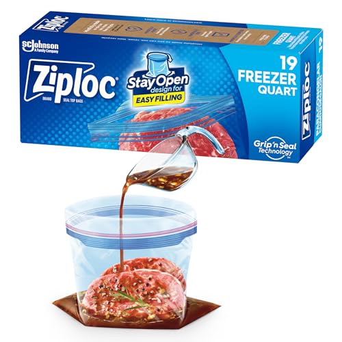 Ziploc Quart Food Storage Freezer Bags, New Stay Open Design with Stand-Up Bottom, Easy to Fill, 19 Count