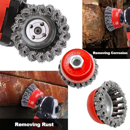 Image of 6 Pack Wire Wheel Cup Brush, 3 inch /4 inch Coarse Crimped Wire+Knotted Wire Cup Brush, 5 /8 Inch-11 Threaded Arbor, for 4 1 /2 Heavy-Duty Rust, Heavy Cleaning Rust Stripping Abrasive