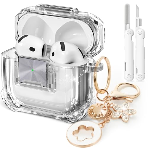 Image of for Airpods 4 Case with Safety Lock,Clear Case Soft TPU Shock-Proof Protective Cover with Cute Bling Keychain and Cleaner kit for Women Girls-Clear Black