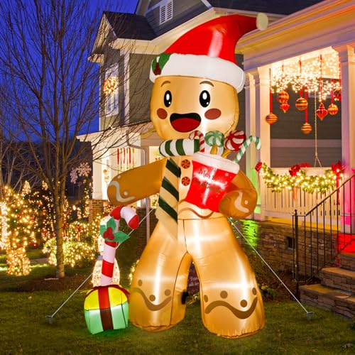 Fayavoo Décorations de Noël gonflables de 2,4 m en forme de bonhomme en pain d'épices avec 8 lumières LED, décorations de Noël gonflables pour extérieur, intérieur, pelouse, jardin – Image 8